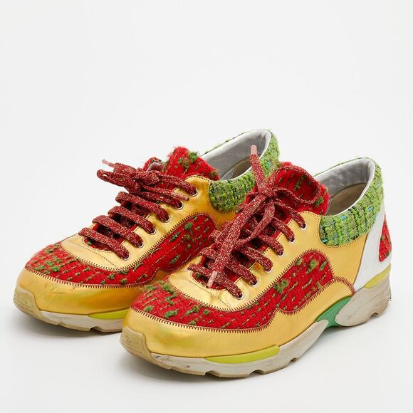 Chanel Multicolor Tweed Fabric And Leather CC Lace Up Sneakers Size 40 - Picture 2 of 4